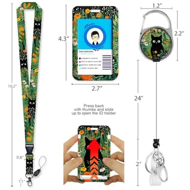 Black Cat Flower Lanyards for Id Badges, Id Badge Holder Heavy Duty and Retractable Keychain, Cute Badge Reel with 360 Degrees Rotate Carabiner Clip, Women Student Daily Office - Image 2