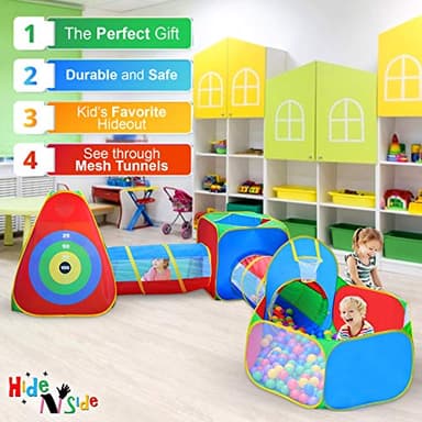 Hide N Side 5pc Kids Ball Pit Tents and Tunnels, Toddler Jungle Gym Play Tent with Play Crawl Tunnel Toy, for Boys Babies Infants Children, Indoor Outdoor Gift, Target Game w/ 4 Dart Balls - Image 3
