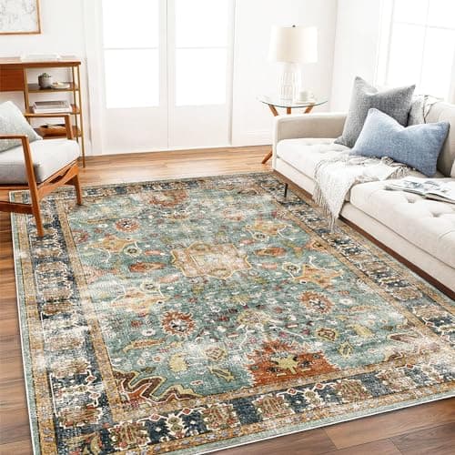 CHAMPLANT Area Rug 9'x12' Washable Vintage Traditional Mat Distressed Indoor Foldable Thin Retro Accent Floral Print Non Slip Carpet for Living Room Dining Room Office - Image 1