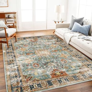 CHAMPLANT Area Rug 9'x12' Washable Vintage Traditional Mat Distressed Indoor Foldable Thin Retro Accent Floral Print Non Slip Carpet for Living Room Dining Room Office - Image 1