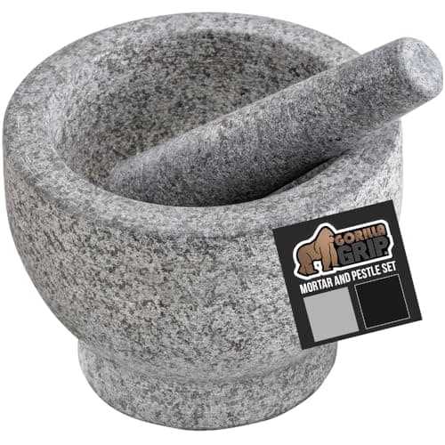 GORILLA GRIP Heavy Duty Mortar and Pestle Set with Slip Resistant Base, 100% Granite Stone Molcajete Guacamole Bowl, Grind Seeds Spices, Crush Garlic, Kitchen Muddler for Fresh Herbs, 1.5 Cup, Gray - Image 1