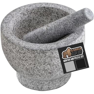 GORILLA GRIP Heavy Duty Mortar and Pestle Set with Slip Resistant Base, 100% Granite Stone Molcajete Guacamole Bowl, Grind Seeds Spices, Crush Garlic, Kitchen Muddler for Fresh Herbs, 1.5 Cup, Gray - Image 1
