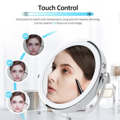 SEAEMIKO 8" Makeup Mirror with Lights, Rechargeable 1x/10x LED Lighted Magnifying Mirror with 3 Colors, 360° Rotation Rechargeable Double Sided Mirror, Touch Dimming, Adjustable Height - Image 3
