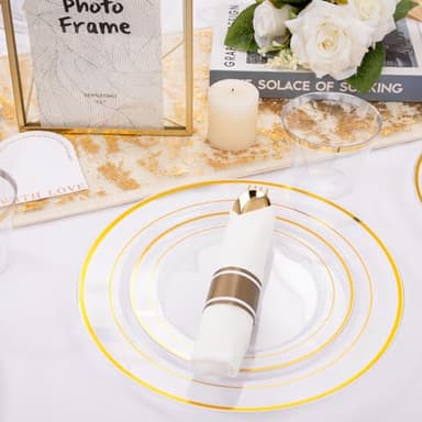 DaYammi 350PCS Clear Gold Plastic Dinnerware Set for 50 Guests, Fancy Disposable Plates for Party, Include: 50 Dinner Plates, 50 Dessert Plates, 50 Pre Rolled Napkins with Gold Silverware, 50 Cups - Image 3