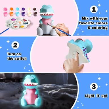 FUNZBO 4.3in Paint Your Own Dinosaur Lamp Kit - Halloweens Arts and Crafts Supplies Painting Kit for Kids Teens, DIY Night Light Dinosaur Toys for Boys Girls 3 4 5 6 7 8 9 10 11 12 13 Birthday Gifts - Image 3