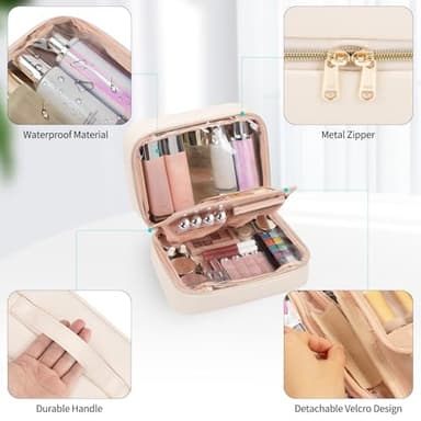 OCHEAL Makeup Bag, Make up Travel Bag Large Capacity Waterproof Cosmetic Organizer Bag with Makeup Brush Compartment & Handle for Women Girls Travel Toiletry Accessories-Beige - Image 3