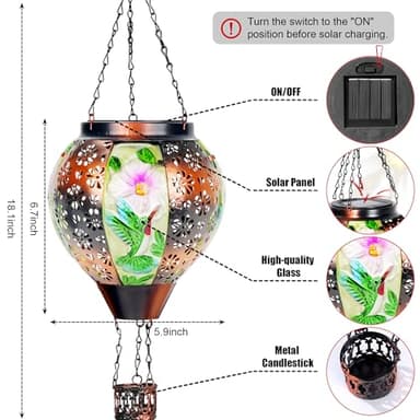 2 Pcs Hummingbird Solar Hot Air Balloon Lantern with Flame, Hot Air Balloon Decorations for Yard Porch Decor, Glass Large Hanging Outdoor Decor, Solar Lantern Waterproof, Hummingbird Gardening Gifts - Image 6
