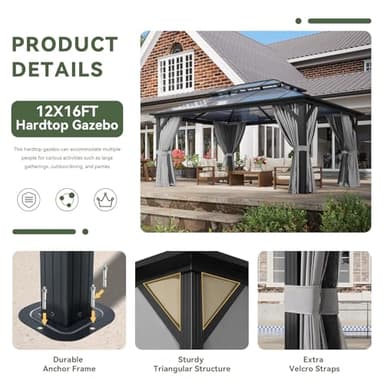 Aoxun 12'x16' Hardtop Gazebo, Aluminum Frame Permanent Pavilion with Curtains and Netting, Outdoor Polycarbonate Double Roof Canopy, Designed for Garden, Lawns, Patio - Image 6