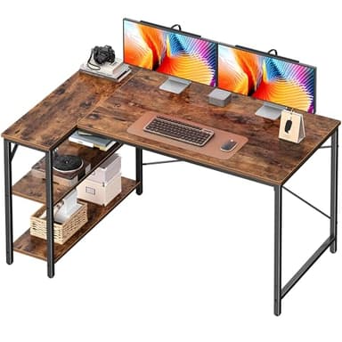 Huuger 47 Inches L Shaped Desk, Computer Desk with Reversible Storage Shelves, for Gaming Corner Home Office Writing Study, Metal Frame, Rustic Brown - Image 1