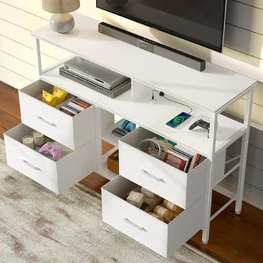 Rolanstar TV Stand with Power Outlets and LED Light, 4 Fabric Drawers Entertainment Center for 32/45/55 inch TVs, Media Console with Storage for Living Room or Bedroom, White - Image 2