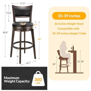 PrimeZone Swivel Bar Stools Set of 4, 26 Inch Counter Height Barstools, Black Faux Leather Bar Stool with High Backrest & Solid Wood Legs & Wrap-around Footrest, Counter Stools for Kitchen Island, Pub - Image 3
