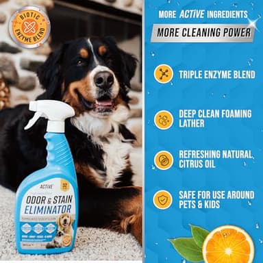 Pet Odor and Stain Eliminator - 32 oz ACTIVE Enzyme Cleaner for Dog & Cat Urine, Stain Remover Spray for Carpet, Upholstery, Hardwood, Spot Cleaning, Deodorizer for Dogs Cats Pets - Natural Citrus Oil - Image 5