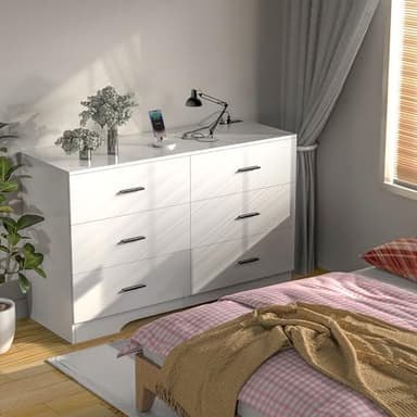 FJTJBSI Dresser with Power Outlets Wooden 6 Drawer Dresser with USB and Type C Port Chest of Drawers for Bedroom Tall White Storage Organizer for Living Room Hallway Closet - Image 2