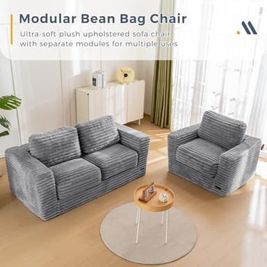 MAXYOYO Giant Bean Bag Chair for Adults, Upholstered Loveseat Floor Sofa with Pillows and Armrests, Large Bean Bag Sofa Plush Chair Bean Bag Couch for Bedroom Living Room, Grey - Image 5