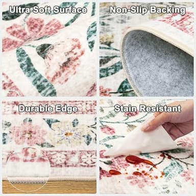 Area Rugs 9x12 Living Room: Floral Washable Rug Vintage Large Soft Boho Non-Slip Carpet Indoor Stain Resistant Low Pile Carpets for Bedroom Dining Room Farmhouse Nursery Hallway Home Office Pink Green - Image 6