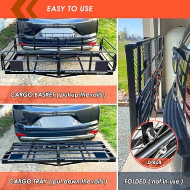 MeeFar High Rail Trailer Folding Hitch Mount Cargo Carrier Basket 60" X 24" X 14"+Waterproof Cargo Bag 20 cu ft(59" 24" 24"), Capacity of 500 Lbs with Hitch Stabilizer, Net, Lock and Straps - Image 5