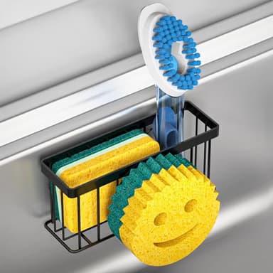 MURLONG Sponge Holder Smiley Face, Sink Caddy for kitchen Sink, Kitchen Organizer Sponge Holder with 2 PCS Suction Cups/1 PCS Adhesive Strips, Designed for Sponge, Soap, Dish brush, Scrubber-Black - Image 1