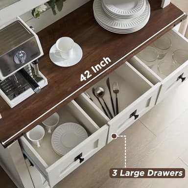 OKD 72" Farmhosue Bar Cabinet with Sliding Barn Door, Large Kitchen Buffet with Hutch w/Wine & Glasses Rack, 3 Drawers, 12 Storage Shelves, Rustic Coffee Bar Sideboard Table, Antique White - Image 6