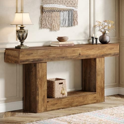 Tribesigns 63" Console Table, Farmhouse 2-Tier Entryway Table with U-Shaped Base, Narrow Long Wood Sofa Table Behind Couch Table for Living Room, Hallway, Foyer, Vintage Brown - Image 1