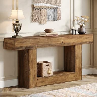 Tribesigns 63" Console Table, Farmhouse 2-Tier Entryway Table with U-Shaped Base, Narrow Long Wood Sofa Table Behind Couch Table for Living Room, Hallway, Foyer, Vintage Brown - Image 1
