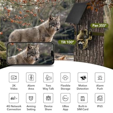 4G LTE Cellular Trail Cameras 2K 360° View Live Streaming Game Camera Built-in SIM Card with Motion Activated Color Night Vision Remote Phone Access Solar Powered Trail Camera IP65 Waterproof - Image 2