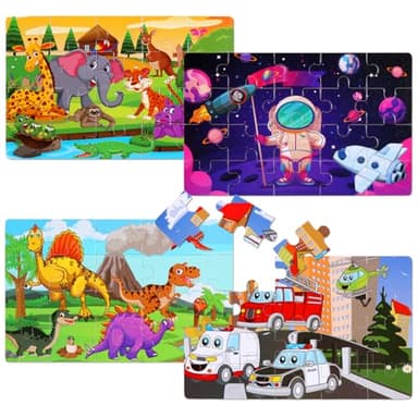 Wooden Puzzles Toys for Kids Ages 3-5, Set of 4 Packs Dinosaur, Space, Transportation Wood Toddler Puzzles, Preschool Brain Teaser Toys for Boys and Girls 2 3 4 5 6 Years Old - Image 2