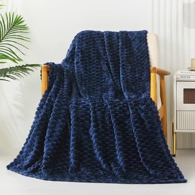 Exclusivo Mezcla Extra Large Fleece Throw Blanket for Couch, 50x70 Inches Stylish Jacquard Soft Throw Blanket, Fuzzy Cozy Lightweight for All Season, Navy Blue - Image 2