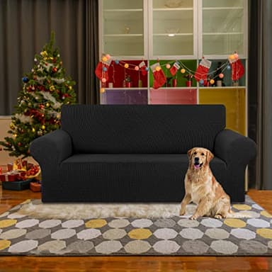 KEKUOU Stretch Loveseat Sofa Cover Slipcover,Couch Covers for 2 Cushion Couch Sofa (55"-78") Furniture Protector Sofa with Elastic Bottom for Kids,Dog. Jacquard Small Checked (Medium,Black) - Image 2