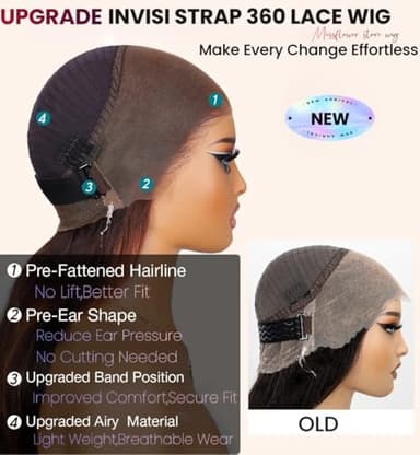 Hidden Strap Snug Fit 360 Skinlike HD Lace Frontal Wigs Human Hair Invisible Strap Pre Plucked Pre Cut Lace 250 Density Straight Lace Front Wig with Drawstring 360 Glueless Wigs Human Hair For Women - Image 5