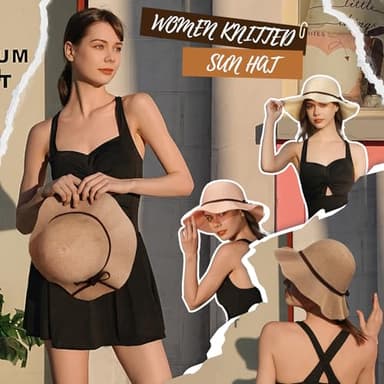 Sun Beach Hats Summer for Women, UPF 50+ UV Sun Protection Woven Crochet Hat Foldable Packable Roll up Knitted Cap, Khaki - Image 7