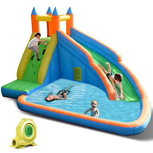 Costzon Inflatable Water Slide, Giant Bouncy Waterslide Park for Kids Backyard Outdoor Fun w/ 480w Blower, Climbing, Splash Pool, 2-pcs, Blow up Water Slides Inflatables for Kids Party Gift - Image 1