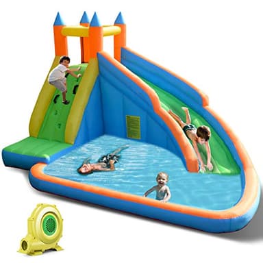 Costzon Inflatable Water Slide, Giant Bouncy Waterslide Park for Kids Backyard Outdoor Fun w/ 480w Blower, Climbing, Splash Pool, 2-pcs, Blow up Water Slides Inflatables for Kids Party Gift - Image 1