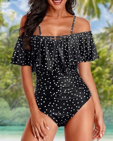 Holipick Black Dot Women Strapless One Piece Swimsuits Tummy Control Bathing Suit Ruffle Off Shoulder Swimwear with Sleeves Teen Girls Large - Image 5