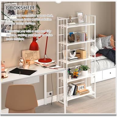 4NM No Assembly 5 Tiers Folding Bookshelf, 59.4" H Foldable Storage Shelves Vintage Bookcase Standing Racks Study Organizer Home Office - All White - Image 4