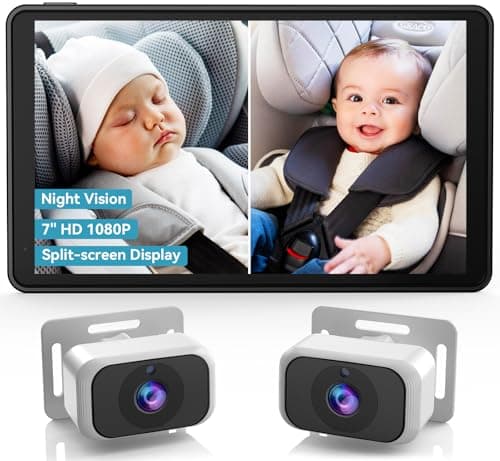 pemacom Baby Car Camera for 2-Kids: 7 Inch IPS Display with Dual Carseat Cameras, Split Screen, Night Vision, HD 1080P - USB Powered Easy Install Rear Facing Backseat Camera for Twins - Image 1
