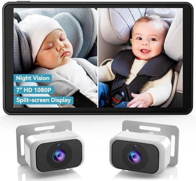 pemacom Baby Car Camera for 2-Kids: 7 Inch IPS Display with Dual Carseat Cameras, Split Screen, Night Vision, HD 1080P - USB Powered Easy Install Rear Facing Backseat Camera for Twins - Image 1