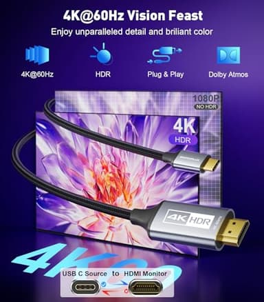 SWITCHFLUX USB-C to HDMI Cable 6Ft [4K@60Hz] High-Speed USB Type C to HDMI 2.0 Braided Cord (Thunderbolt 3/4 Compatible) for iPhone 15 Series, MacBook Pro/Air, iPad Pro, Galaxy S8 to S23 - Image 2