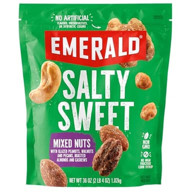Emerald Salty Sweet Mixed Nuts (1-Pack) | 36oz Resealable Bulk Bag | Features Glazed Peanuts, Walnuts & Pecans, & Roasted Almonds & Cashews | No Artificial Flavors, Preservatives, or Synthetic Colors - Image 1