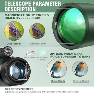 OXK Optics 12x56 High Power Monocular Telescope | Comes with Smartphone Adapter Tripod Travel Bag | Bird Watching Hunting Hiking Camping Gift - Green - Image 3