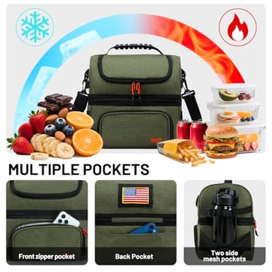 MIER Dual Compartment Lunch Bag Tote with Shoulder Strap for Men and Women Insulated Leakproof Cooler Bag, Army Green - Image 3