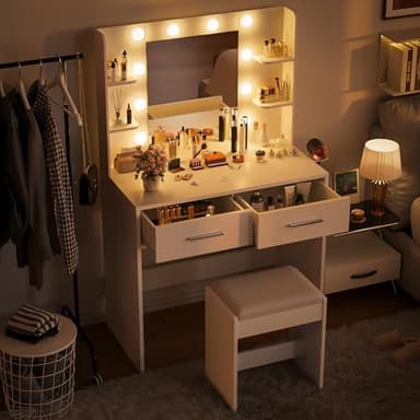 Furmax Make up Vanity Desk with Mirror and Power Outlet, Vanity with 3 Color Light Options Adjustable Brightness,Vanity Desk with 2 Drawers, 6 Storage Shelves (White, with Bench) - Image 6