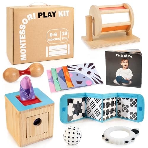 WOODMAM Montessori Toys for Babies 0-6 Months, 9 in 1 Learning Educational Sensory Toys for Newborn 0-3-6 Months, Includes High Contrast Cards, Baby Tissue Box Toy, Spinning Drum, Teether and More - Image 1
