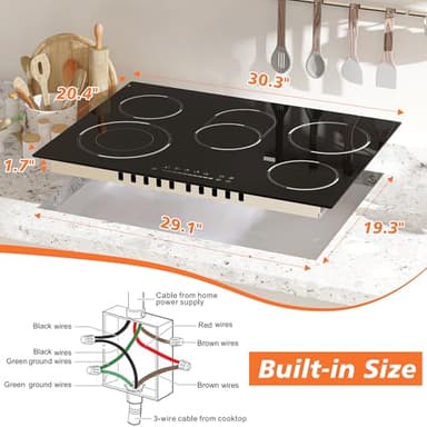 Traenvir 30 Inch Electric Cooktop, 5 Burner 8400W Built-in Electric Stovetop, Ceramic Cooktop with Expanded Zone, Slide Touch Control, Timer, Child Safety Lock, Pause, 220V - 240V Hard Wire, No Plug - Image 7