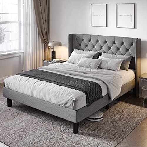 Allewie Queen Size Bed Frame with Button Tufted Wingback Headboard, Modern Upholstered Bed Frame with Solid Wooden Slats Support - No Box Spring Needed, Easy Assembly, Light Grey - Image 1