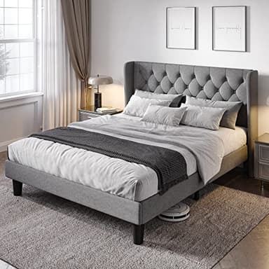 Allewie Queen Size Bed Frame with Button Tufted Wingback Headboard, Modern Upholstered Bed Frame with Solid Wooden Slats Support - No Box Spring Needed, Easy Assembly, Light Grey - Image 1