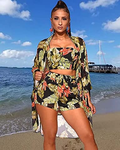 KEYUFANG Women 3 Piece Vocation Outfits Summer Suit Floral Kimono Cardigans Beach Cover Up Crop Cami Top Short Set Black - Image 3