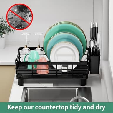 MOUKABAL Dish Drying Rack, Dish Rack, Stainless Steel Dish Racks for Kitchen Counter, Dish Drainer with Removable Utensil Holder, Drainboard (Black) - Image 6