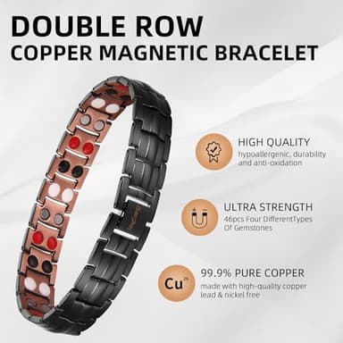 MagEnergy Men's Copper Magnetic Bracelet, 99.9% Pure Copper Bracelet with 4 Elements Double-Row Strength Magnets, Adjustable Jewelry with Gift Box, Black-4 - Image 2