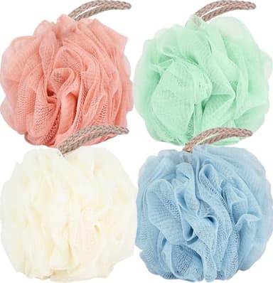 Fu Store Loofah Sponge Shower Loofahs 4 Colors Bath Sponges Mesh Balls for Body Scrubber Exfoliator Wash Back Scrubber Bathroom Men Women - 4 Pack Scrubbers Cleaning Bathing Accessories - Image 1