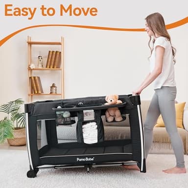 Pamo Babe 4 in 1 Baby Playards with Bassinet & Changing Table, Portable Crib Breathable Mesh and Toy Mobile - Image 6